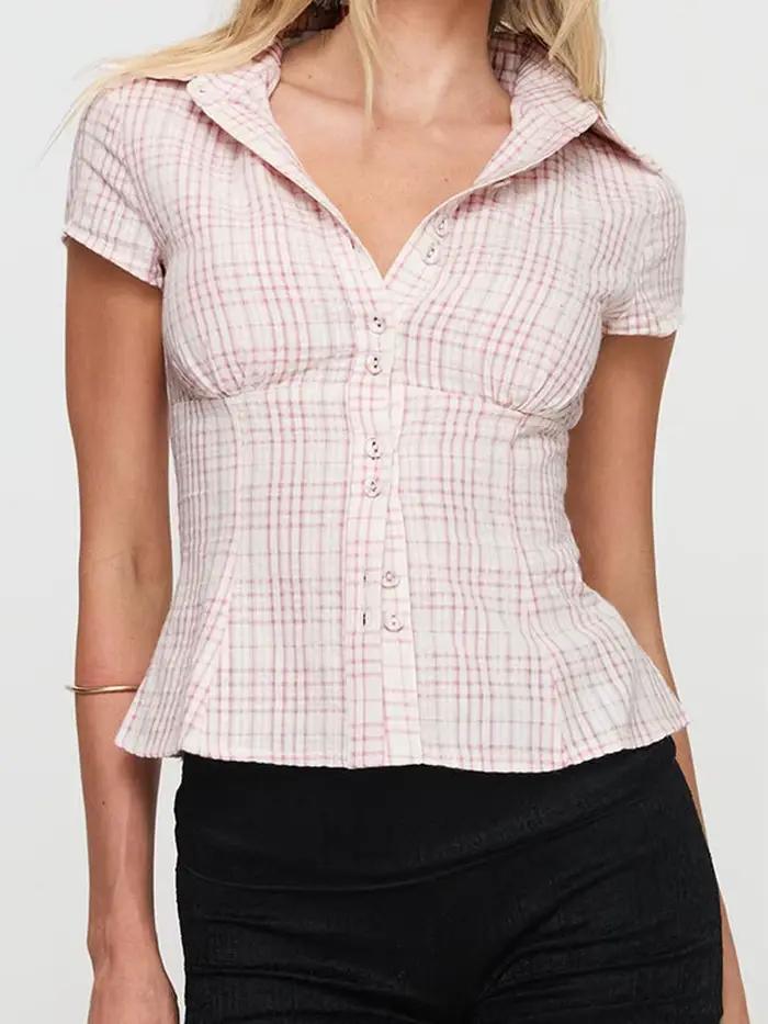 Y2K – chemisier à carreaux pour femmes, chemise boutonnée à col rabattu, Style français, Vintage, St