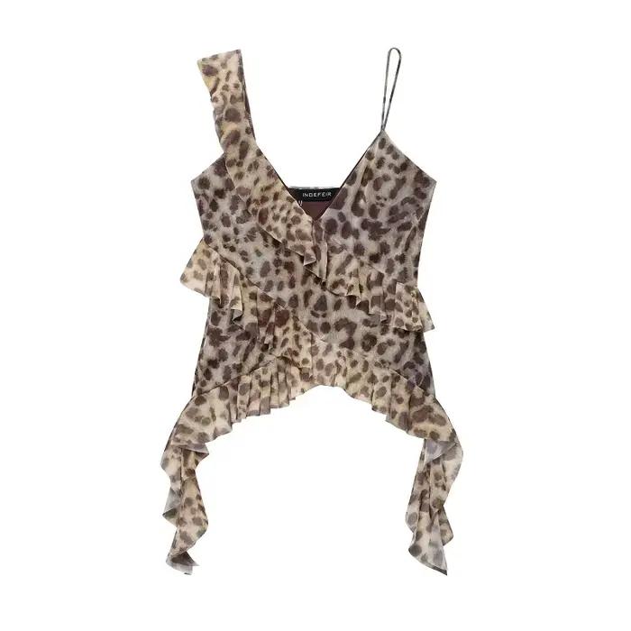 MUJER imprimé à volants Tulle haut femmes léopard dos nu hauts femme 2025 été Camisole haut de plage