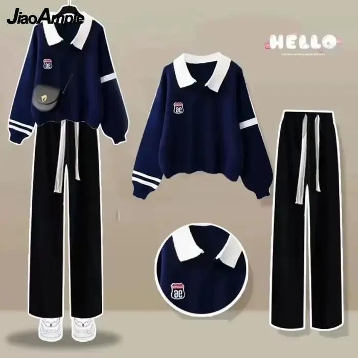 2025 printemps nouveau Polo pull + sport décontracté pantalon à jambes larges deux pièces femme surv