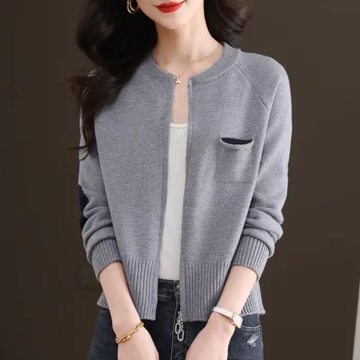 Printemps automne femme vêtements fermeture éclair hauts courts femme tricot laine pull veste mode c