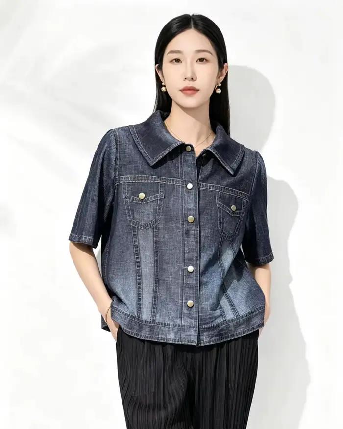 Chemise-veste en jean plissée Miyake à manches courtes pour femme – Nouvelle collection été, coupe a