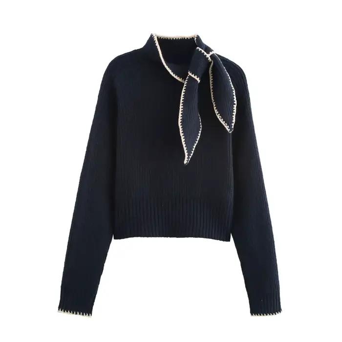 Pull tricoté à manches longues et col montant pour femme, doux et à la mode, avec nœud décoratif, no