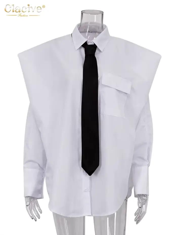 ClacMarkets-Chemisier Blanc à Manches sulfpour Femme, Streetwear, Élégant, Chic, avec Poche, à la Mo