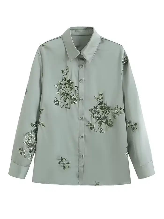 Chemise de luxe en satin à paillettes pour femmes, chemisier à manches longues et pantalon long à ta