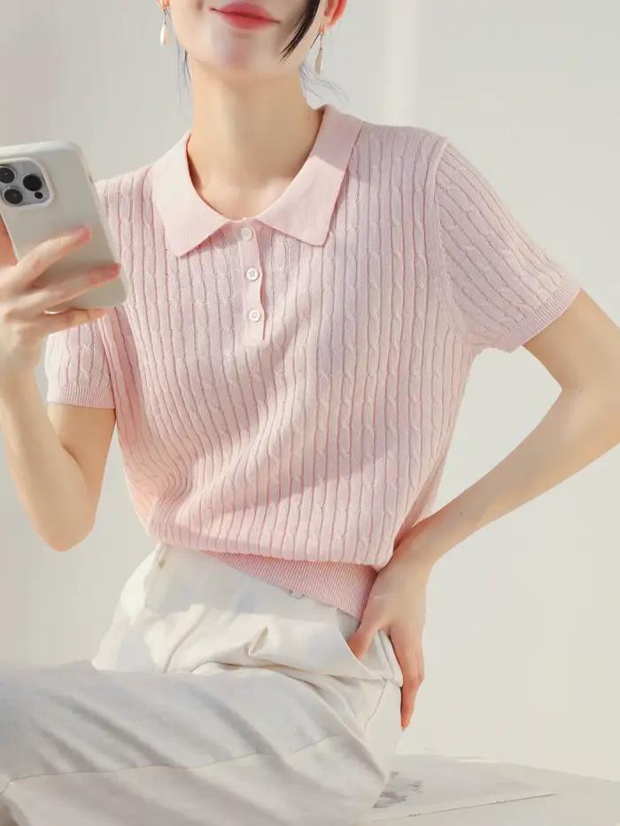 Pull en tricot pour femme, nouveau pull d'été à manches courtes et col rabattu, hauts pour femme, Su