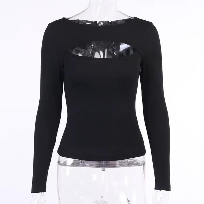 T-shirt à manches longues et col rond pour femme, t-shirt mince, évider, noir, blanc, monochrome, dé