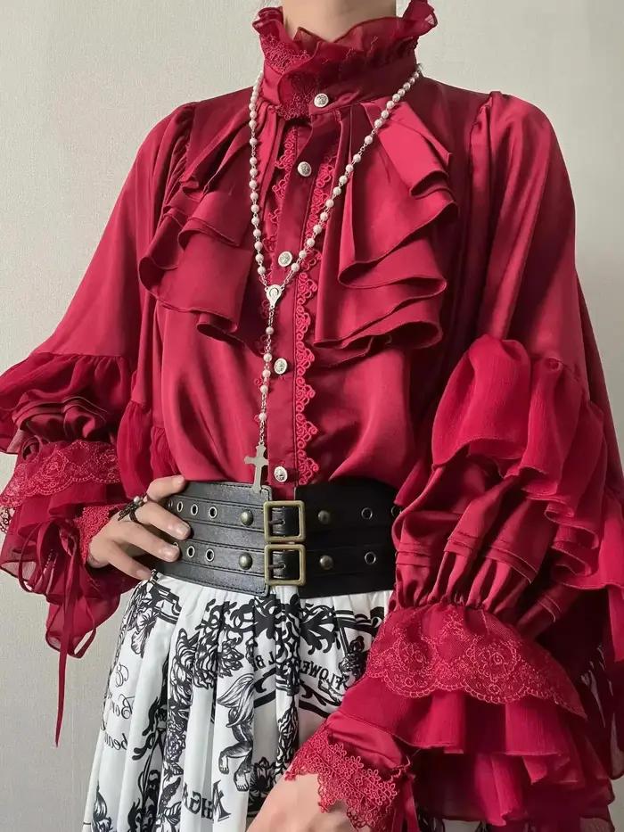 Style gothique manches chauve-souris chemise femmes Lolita ample printemps automne dames élégant rou