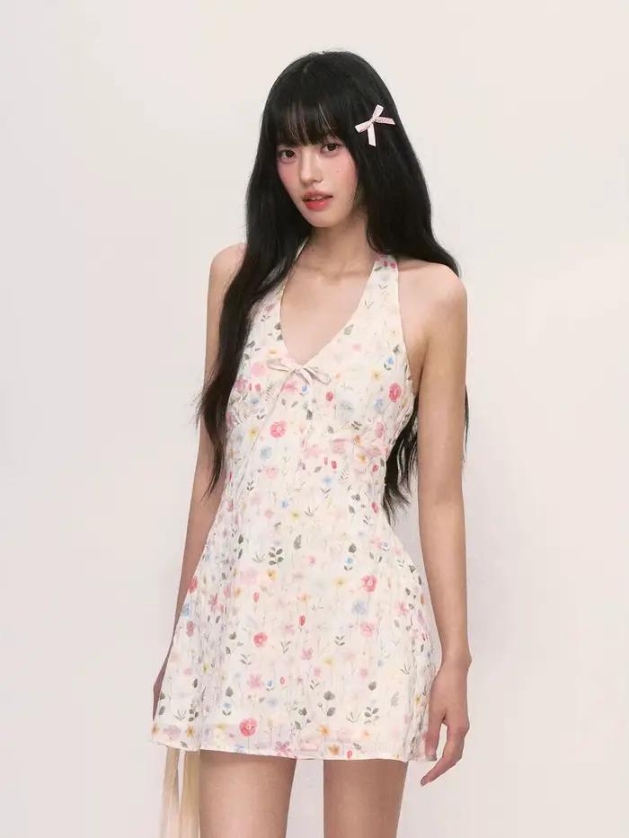 Petite robe florale de style français - 2025 nouveau modèle pour femme, robe élégante sans manches à