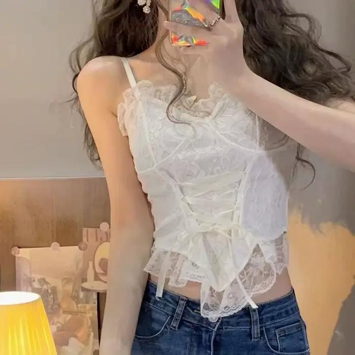 Débardeur sans bretelles en dentelle Sexy de Style français avec rembourrage, dentelle à la mode, do