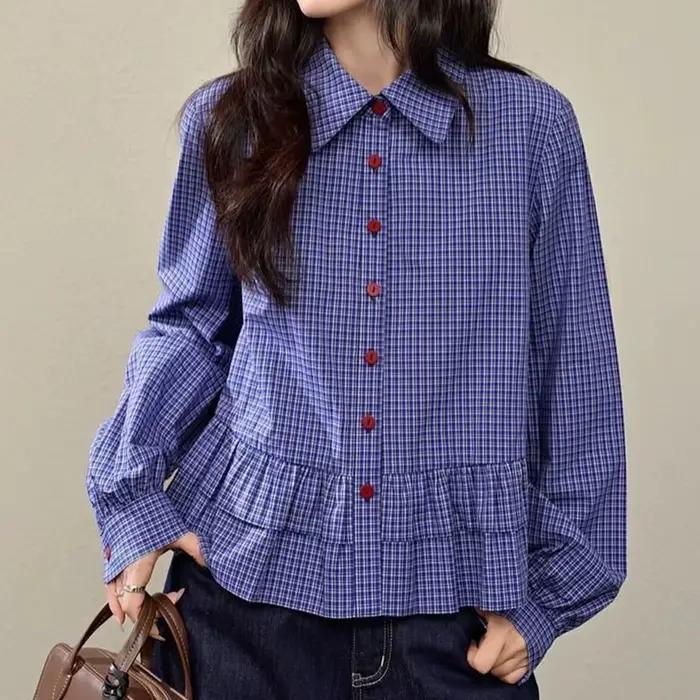 Chemise à carreaux bleue pour femmes, nouveau style printemps 2025, slim et douce, chemise à manches