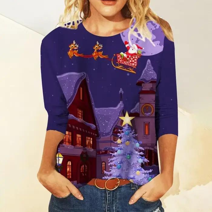 Sweat-shirt à manches longues pour femmes, imprimé de noël, col rond, mode décontractée, père noël, 