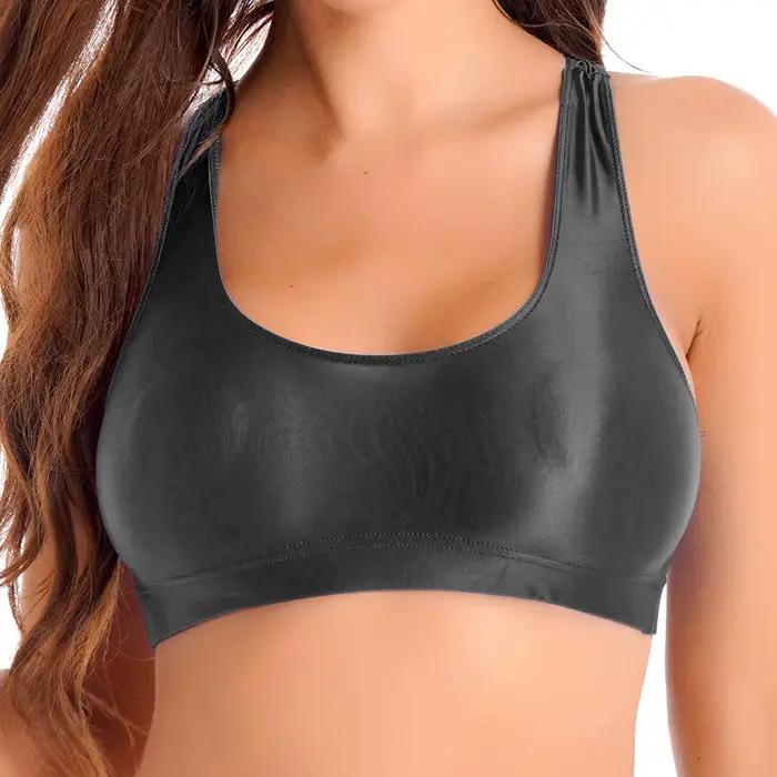 Hauts courts de sport pour femmes, débardeur brillant à col en U, couleur unie, pour vêtements de sp