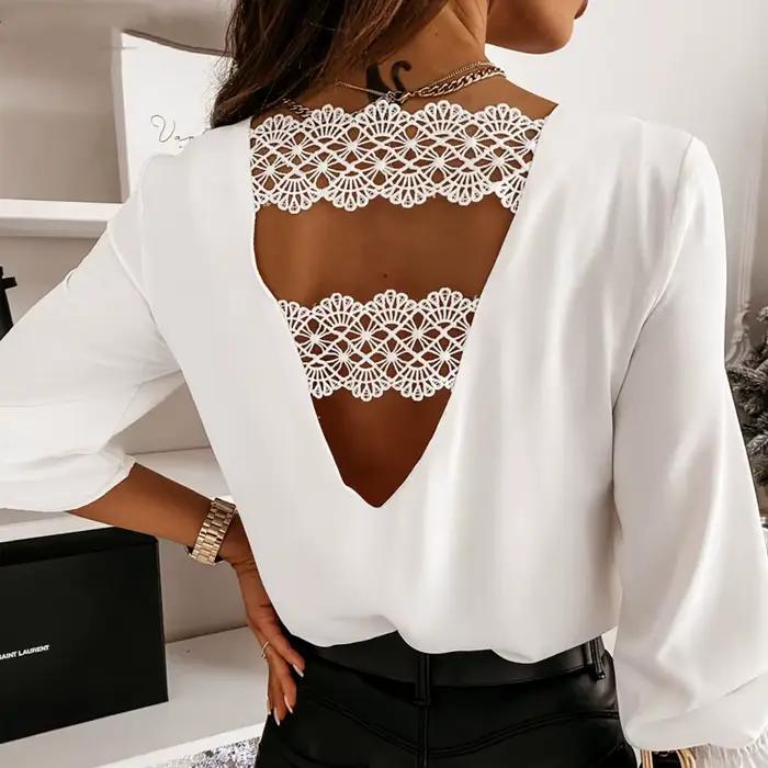Pull en dentelle creuse à la mode, chemisier blanc, dos chic, en forme de V, col en V sexy, chemise 