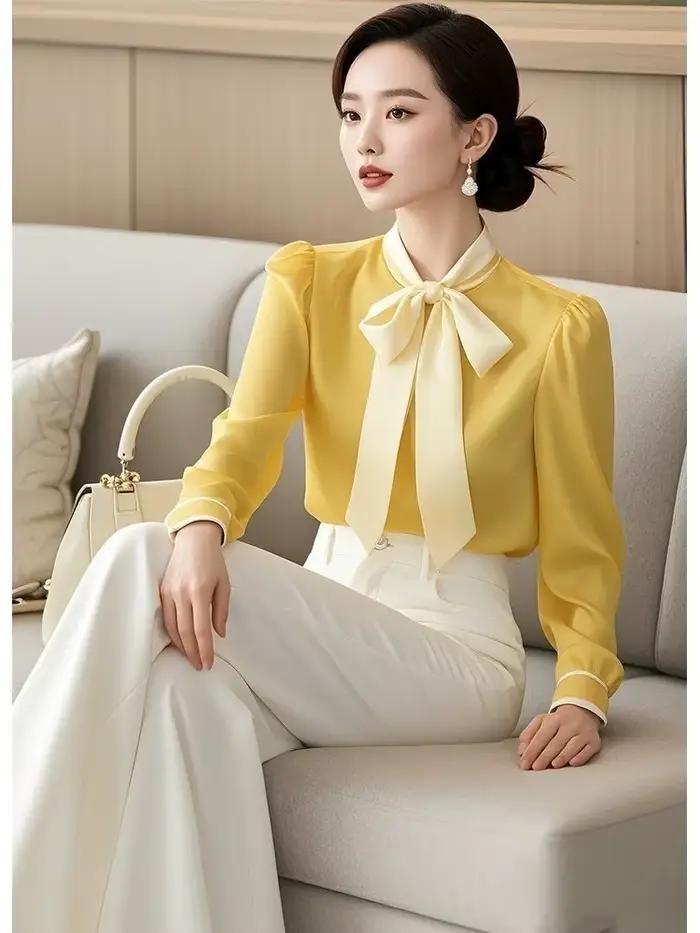 Chemise jaune à manches longues pour femmes, haut de luxe léger avec nœud, Design français, tempéram