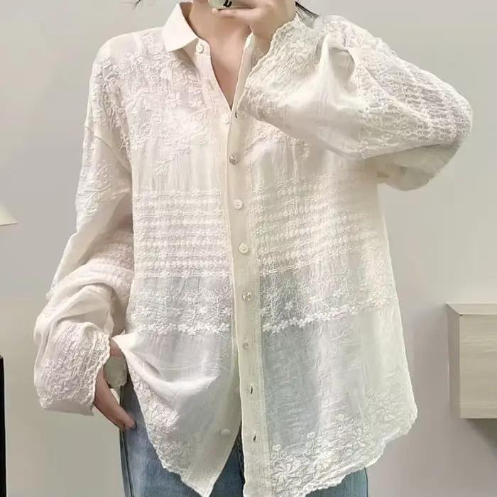 Chemise tunique en coton à manches longues, broderie florale, blouse pour jeunes, rétro vintage, chi