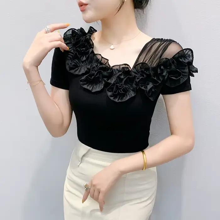 T-shirts d'été en coton pour femmes, Chic, décolleté asymétrique, épaules dénudées, garniture à vola