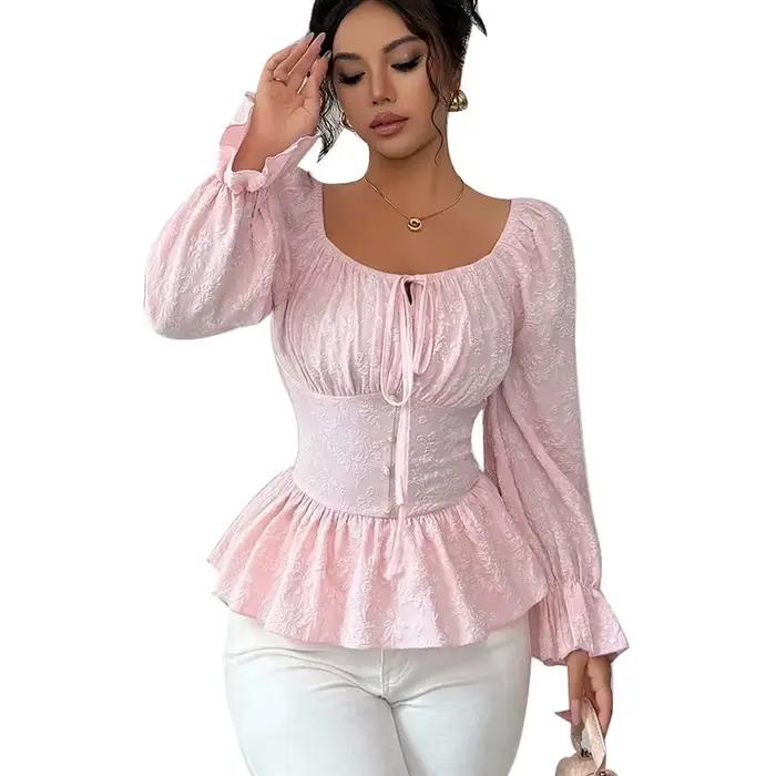 Chemise Design français, nouveau haut à manches longues et col en U, à lacets, automne 2025
