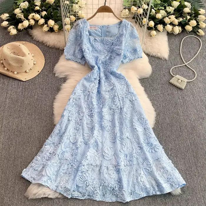 Luxe femmes été broderie dentelle perles col carré à manches courtes mode élégant décontracté fête v