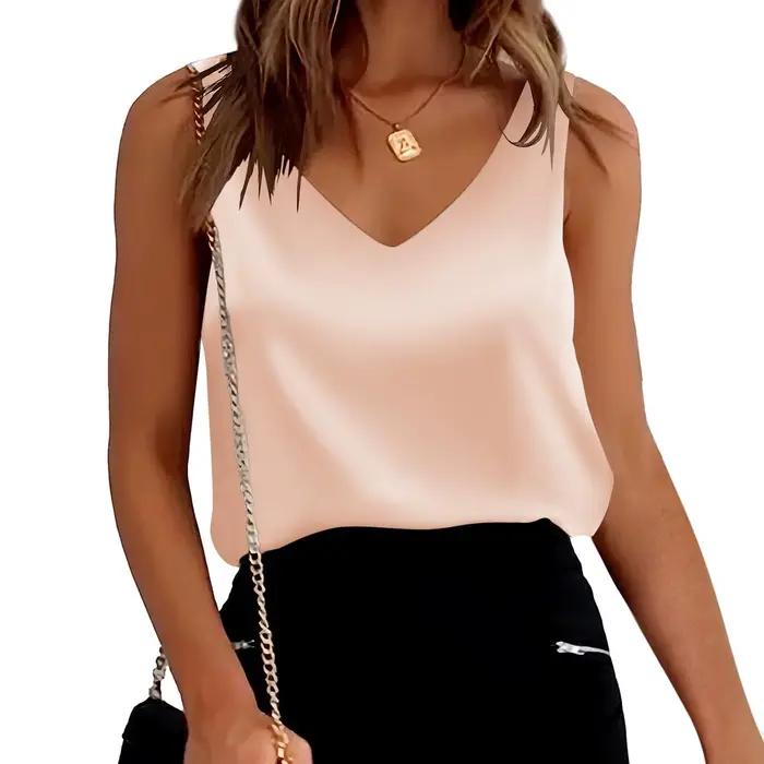 Hauts en satin soyeux pour femme, col en V, coupe ample, couleur unie, sans manches, fluides, débard