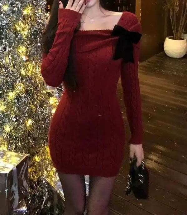 Robe pull rouge avec nœud, automne et hiver, Robe tricotée pour nouvel an et noël, jupe courte, 2025