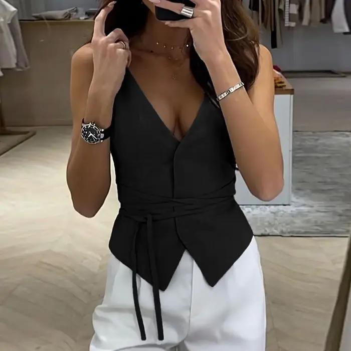 Y2k hauts femmes Ins Style coréen col en V à lacets hauts courts décontracté été débardeurs femmes S