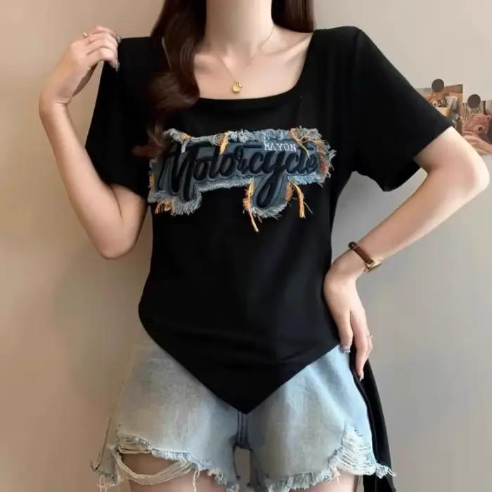 T-shirts d'été tendance à manches courtes, patchwork irrégulier, lettres contrastées, grande taille,