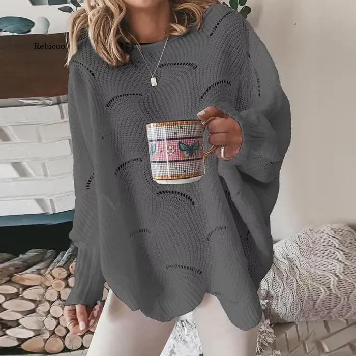 Pull à manches lanternes pour femme, élégant, ample, tricoté, décontracté, col ras du cou, couleur u