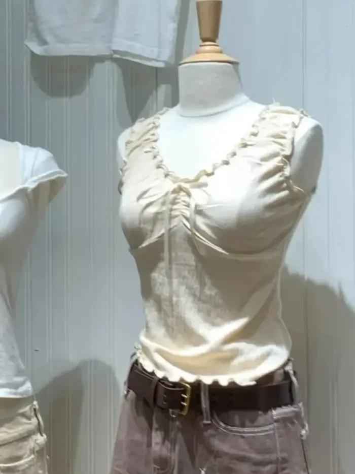 Débardeur Slim pliable avec nœud Beige pour femmes, nouveau Style Preppy, volants, col en v, gilets 