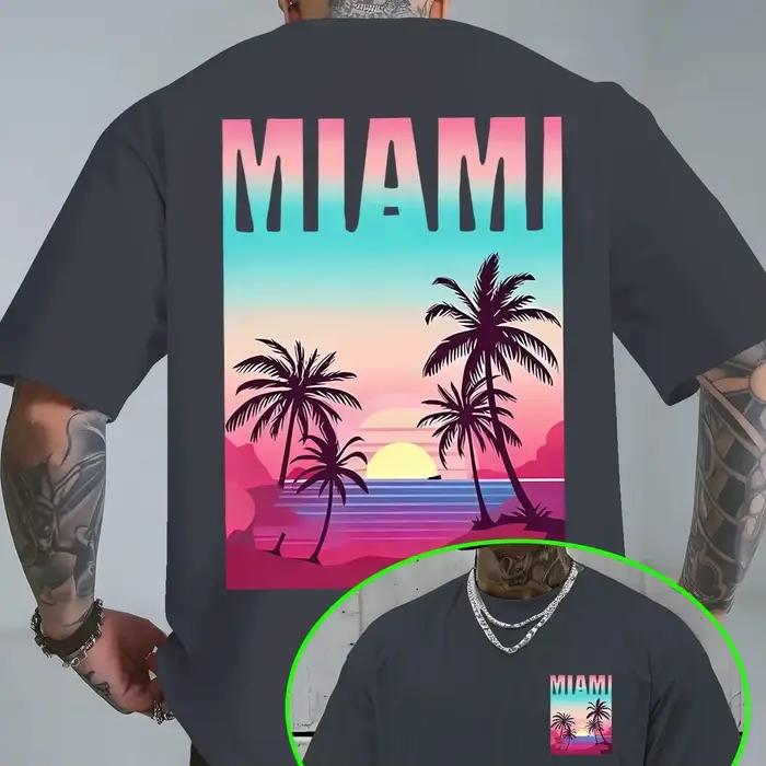 T-shirt pour homme en pur coton respirant avec dégradé néon MIAMI, un haut polyvalent pour les sorti