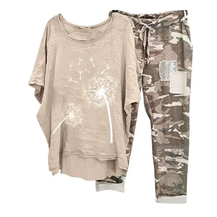 ChimWomen-Ensemble T-shirt et Pantalon pour Femme, Demi Manches, Tenue Deux Pièces Trempée, Grande T