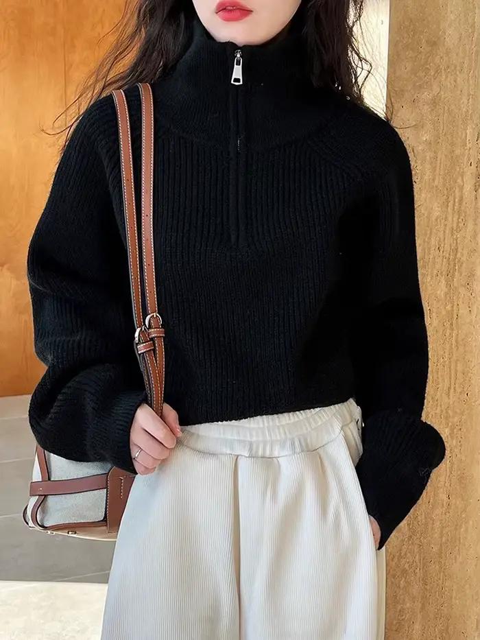 Pull-over Femme Automne Hiver 2026 Nouveau Modèle Court Ample avec Fermeture Éclair et Doublure, Hau