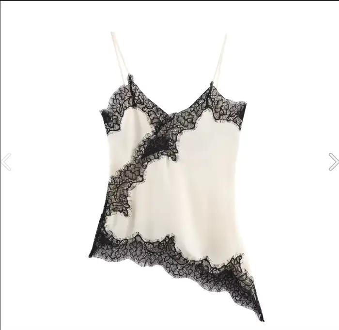 Haut asymétrique en Satin pour femmes, Sexy, Patchwork, dentelle, dos nu, sans manches, débardeur, C