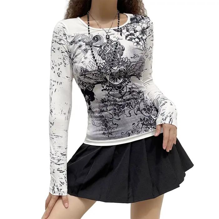 T-shirt à manches longues pour femmes, imprimé graphique gothique, Slim Fit, chemises décontractées,