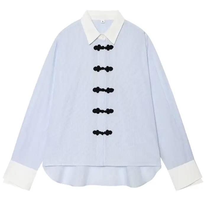 Chemise rayée pour femme, haut à manches longues contrastant, chemisier ample rétro décontracté, che