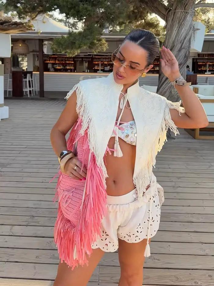 Gilet brodé à franges pour femme, col rond, garniture à pampilles, hauts sans manches à lacets, nouv