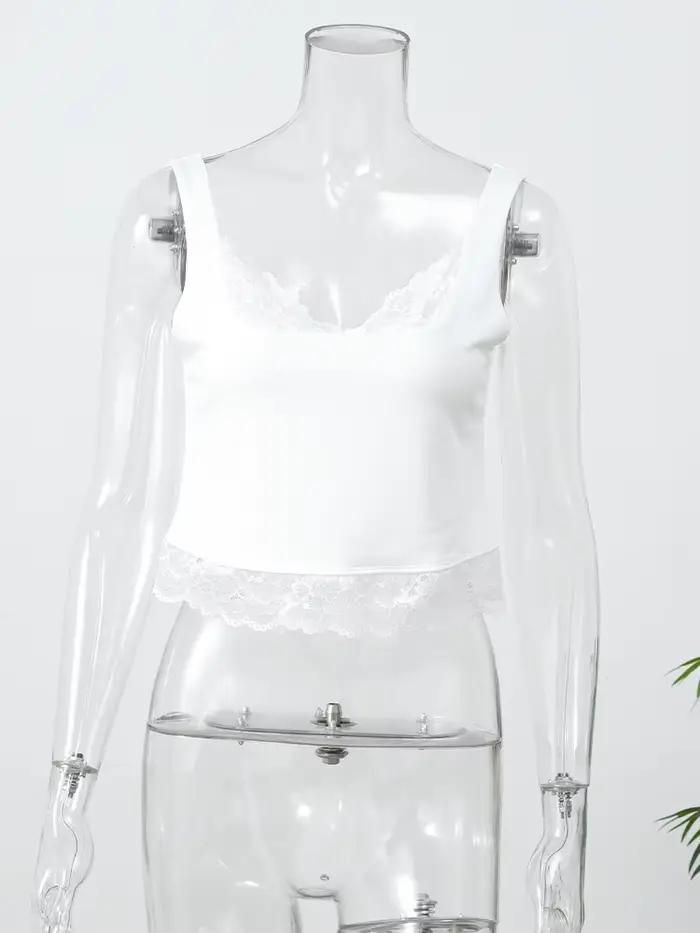 Débardeur court noir uni en dentelle pour femme, col en V, dos nu, style streetwear, patchwork spagh