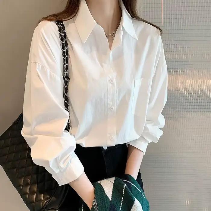 Chemise blanche 100% coton pour femme, décontractée, couleur unie, manches longues, hauts pour femme
