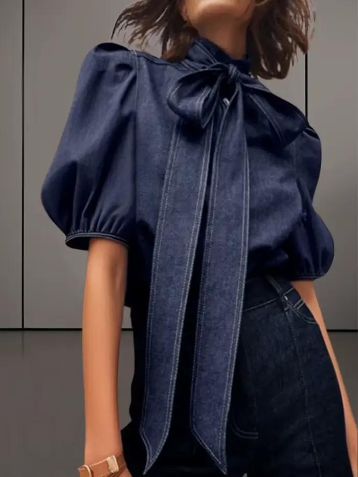 Chemises en Denim doux bleu pour femmes, nouvelle mode d'été décontractée, manches bouffantes, nœud 