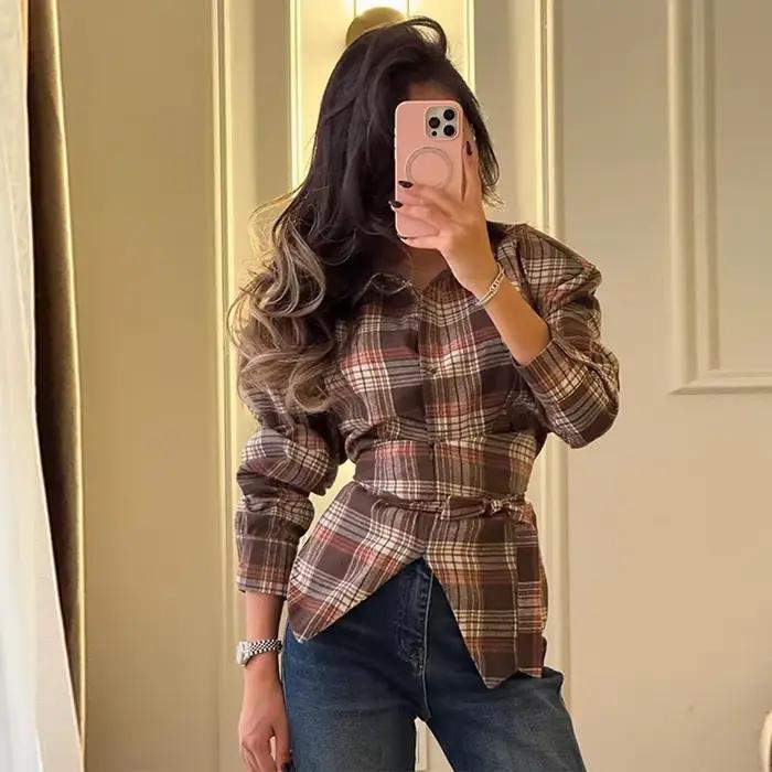 Chemise à carreaux à simple boutonnage, manches longues, ourlet asymétrique, Slim, décontractée, hau