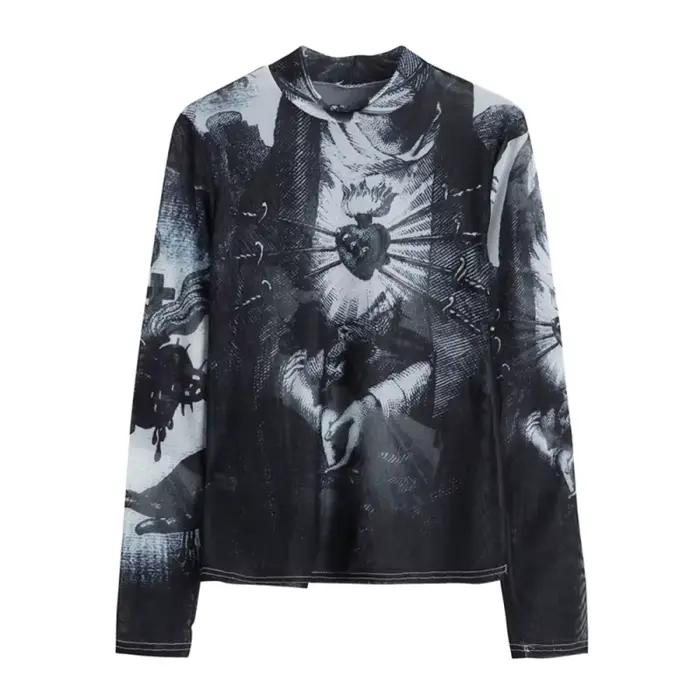 CHEERART Goth maille haut femmes tendance mode graphique t-shirts à manches longues col roulé voir à