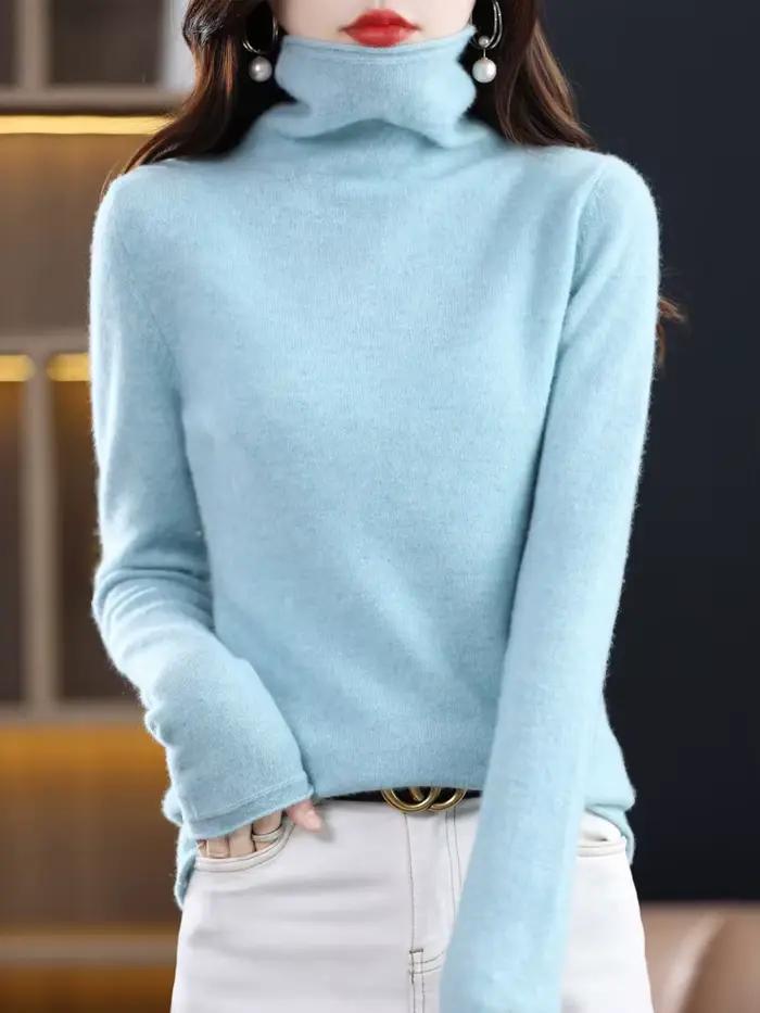 Pull en laine mérinos 100% pour femme, pull à col pileux, en cachemire, décontracté, manches longues