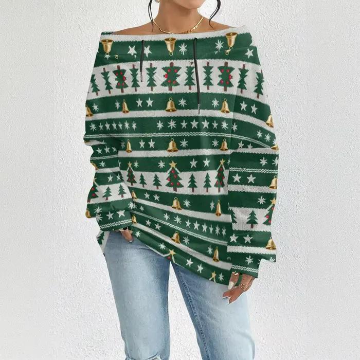Sweat-shirt à épaules dénudées avec cordon de serrage pour femme, avec imprimé bonhomme de neige et 