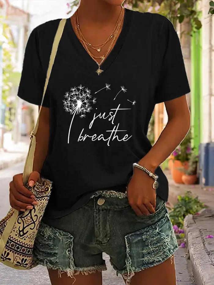 T-shirt vintage Just Breathe Dandelion à col en V, mode décontractée Y2k, t-shirts imprimés pour fem