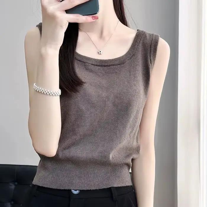 Débardeur tricoté sans manches pour femme, col rond, style crème glacée, petite taille, type t-shirt