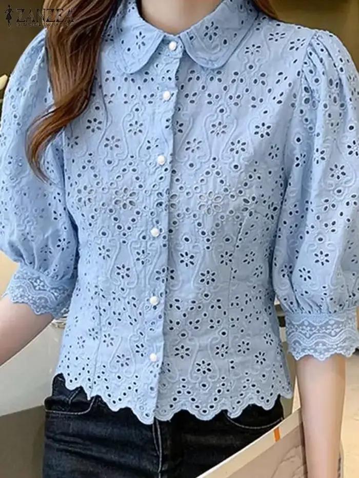 ZANZEA-Chemise à lacets vintage pour femme, chemisier à col à revers, ourlet à volants, décontracté,