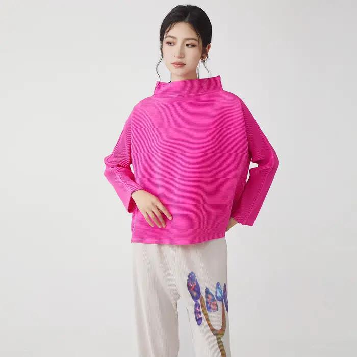 Miyake plissé couleur unie Blouse 2025 printemps nouveau col mi-haut ample grande taille mince à la 