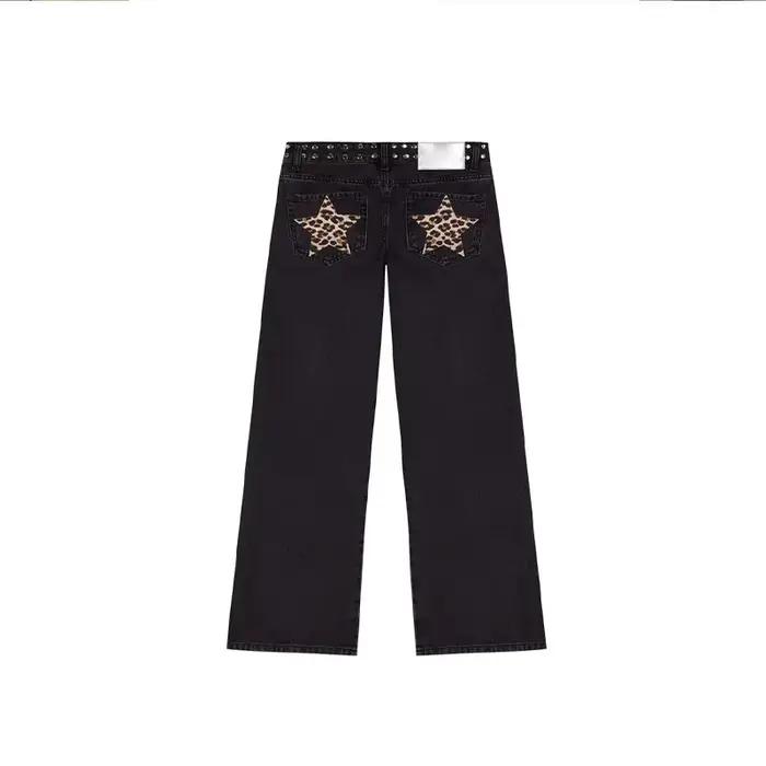 Jean taille haute à jambes larges avec patchs étoiles Y2K, pantalon en Denim Vintage pour femmes, Ba