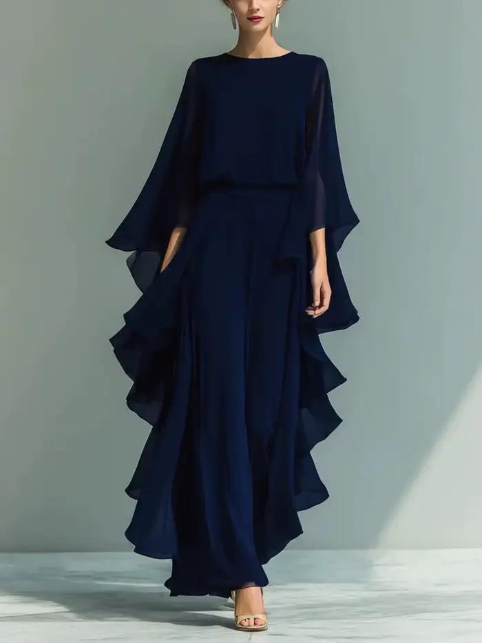 Ensemble haut en mousseline bleu marine et pantalon droit évasé pour femme 2026 avec détail volanté