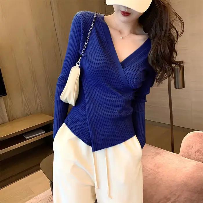 Col en V femmes chandails hauts rayé tricoté Kawaii mignon Crochet Harajuku pull dames pull de haute