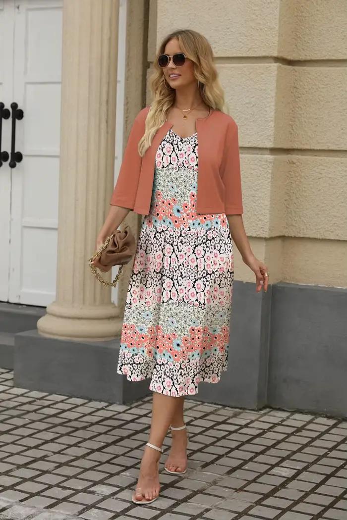 EMERY ROSE-Robe à bretelles spaghetti et ensemble veste ouverte sur le devant, imprimé floral